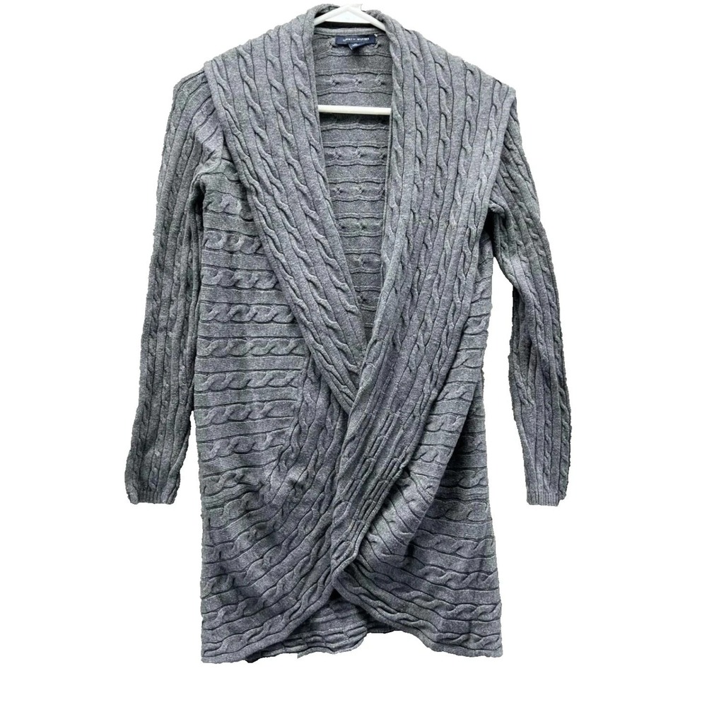 Tommy Hilfiger Womens Large Gray Cable Knit Draped Open Front Cardigan Sweater